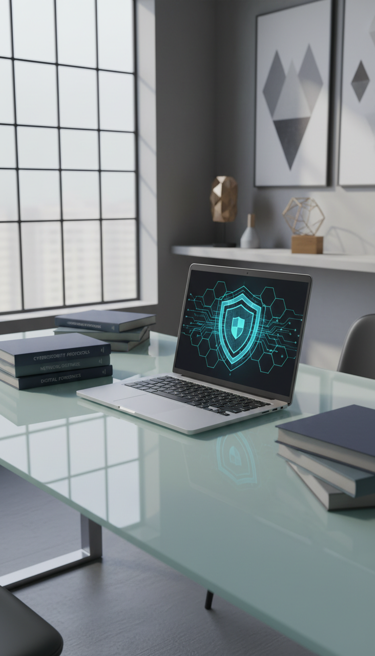 An expansive, lightly frosted glass desk featuring an open laptop with a cyber shield on its screen, surrounded by neatly stacked technical books with matte covers in muted blues and grays. The environment is a quiet, structured training academy office with minimalist wall art and precise, geometric décor. Soft daylight enters through a nearby window, creating gentle, natural highlights on the glass and metal surfaces, while keeping shadows delicate and balanced. The composition is asymmetrical but visually balanced, shot from a slightly elevated three-quarter angle. The overall tone is calm yet intellectually stimulating, conveying the professional, educational purpose of cybersecurity training in a modern business context.