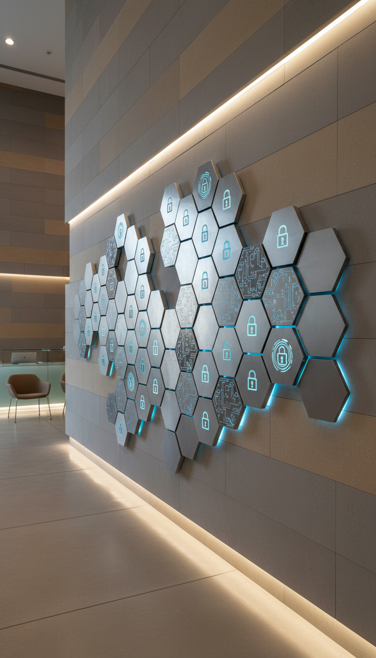 A cluster of metallic, hexagonal tiles arranged in a dynamic honeycomb pattern, with several tiles displaying engraved circuit patterns and digital padlock symbols. This pattern is mounted on a smooth, stone wall in a minimalist, modern office lobby with neutral gray and sand tones. Soft, indirect lighting from concealed fixtures around the perimeter imparts gentle highlights and subtle depth shadows. The camera is set at a low, side perspective, emphasizing the dimensionality and structure of the installation. The atmosphere is forward-thinking and innovative, visually representing the cutting-edge research of a cybersecurity lab in a corporate setting, executed with clean photographic realism.