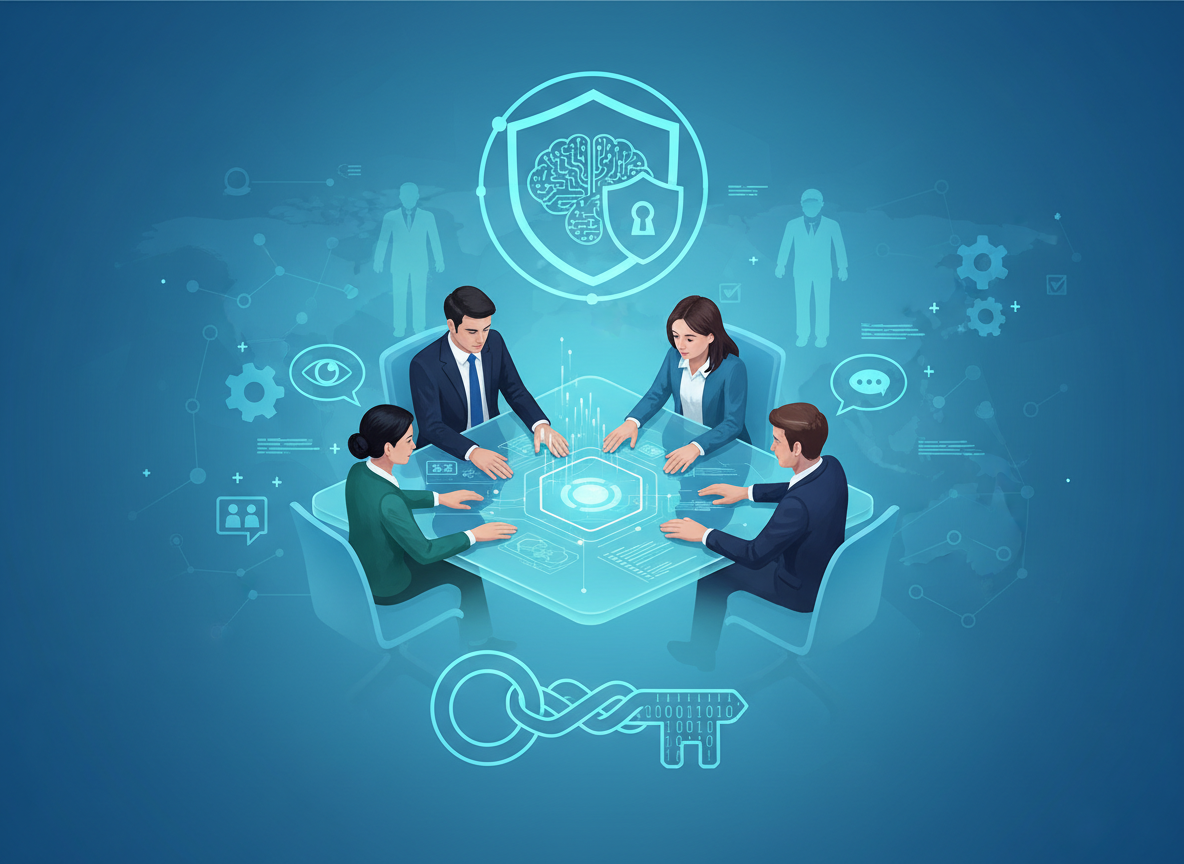a visually engaging, modern illustration or photo that conveys the human factors of cybersecurity—such as people working together, digital/psychological symbols, or human-centered security ideas—styled to look professional and trustworthy
